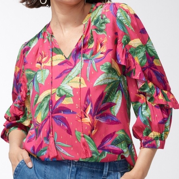 Chico’s Hot Pink Tropical Floral Clip Dot Ruffle Blouse Sparkly V-Neck Sz3/Sz16 - Picture 3 of 13